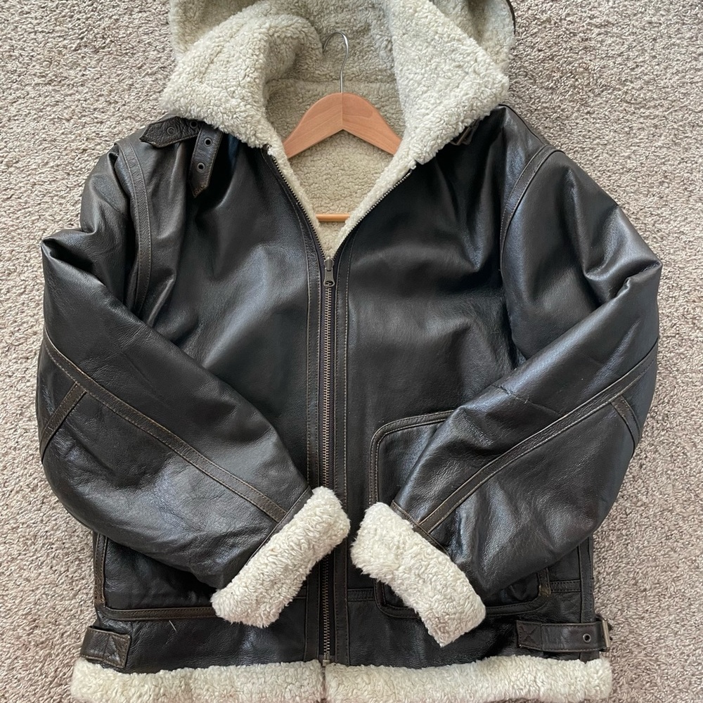 Genuine Brown Leather Bomber Jacket - Sherpa Lined